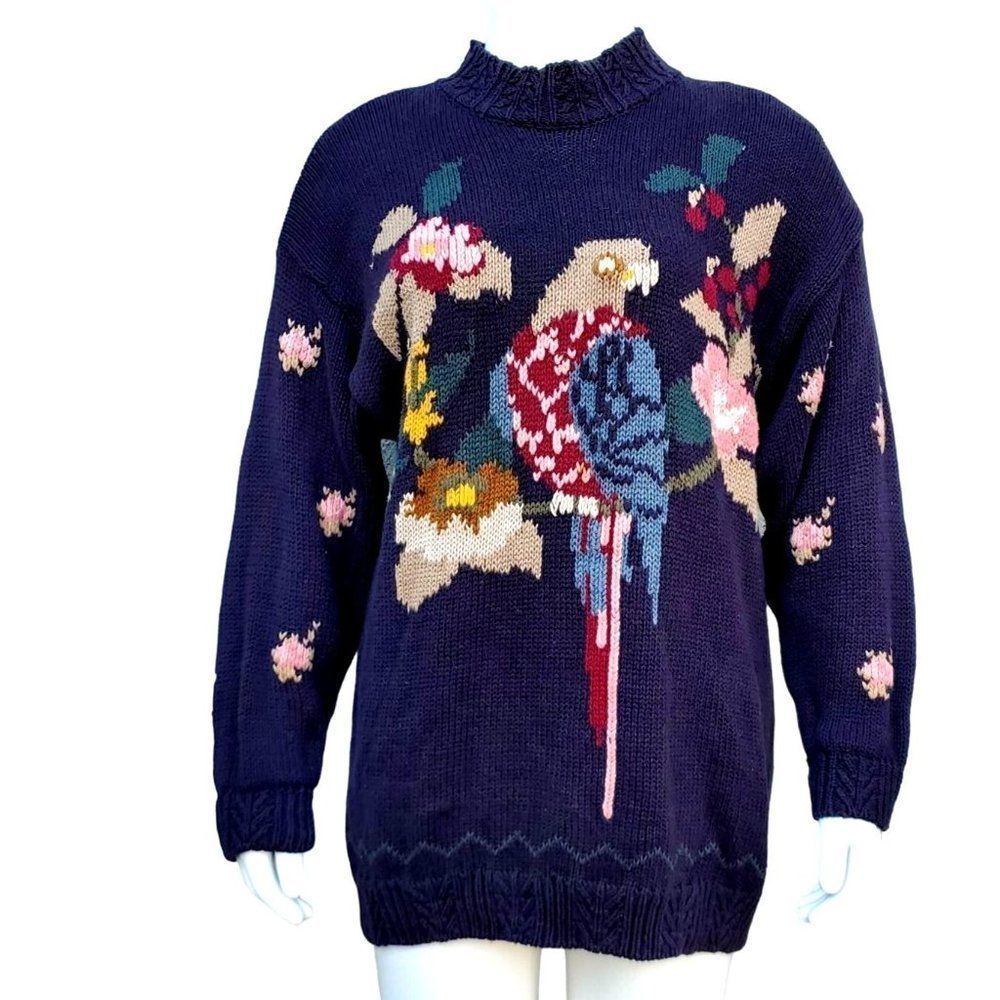 80s Sweater Plus Size Black Knit Parrot Tarazzia Cotton Volup Vintage Hong Kong